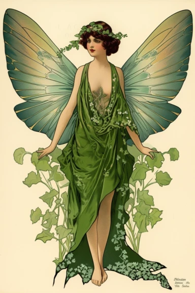 Vintage 1920 Symmetrical Fully Clothed Female Fairy with Large green Wings on its back Illustration, Chromolithograph, 1920s Illustration, Vintage, Antique, Ephemera, Clipart, 8k, on a vintage magazine cover