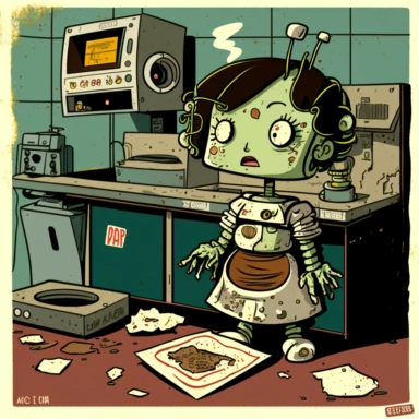 garbage pale kids format, pop surrealism digital art image of broken down, old, rusting, cartoonish, humanoid robot cooking burgers in the kitchen of a fast food restaurant. The robot is wearing tattered, McDonalds style uniform, made of human clothing. The robot is in an art style inspired by artists like Tara McPhereson, Nooligan, and Robin Eisenberg. To be used for digital clipart. Use dull, 1970's style, yellow, green, brown color scheme for the robot.