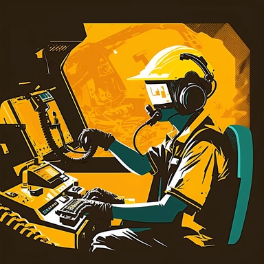 excavator cockpit, worker wearing vr headset, virtual reality hmd, poster, simplistic, abstract, vector, 2d illustration, clipart, few colors