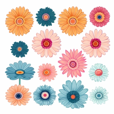 Flat colored design of Gerbera Daisy clipart,multiple angle design sheet, little - flat Graphic Design, white background