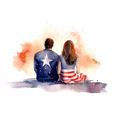 American girl and her boyfriend of 2 watching Fourth of July fireworks, sitting on blanket, view from behind, clipart, watercolor vector beautiful, isolated on white background
