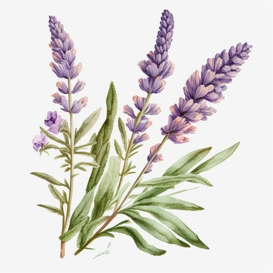 lavender flower stems and leaves watercolor clipart, free png and jpg vector artwork, in the style of trompe l'oeil realism, glazed earthenware, ferrania p30, use of impasto technique, historical illustration, soft-focus, lively tableaus, isolated on a white background