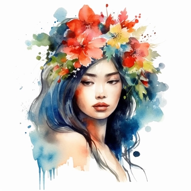 watercolor style, asian-origin girl with flowers on her head clipart, isolated on white background, hd