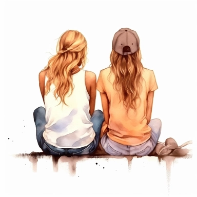 2 beautiful girls best friend sitting together back view illustration clipart, detailed, white background, illustration painting, digital art, 8k, hd, watercolor
