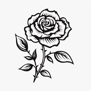 simple outline of a rose flowers on white background tattoo, minimalist, symmetry, sticker, vector design, one color, outline, clipart, flat 2d vector, black and white, cartoon, svg cut file, line art drawing