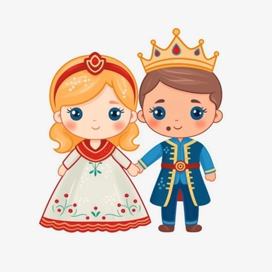 Folk art, scandinavian design, princess and prince, girl and a boy, realistic eyes, with a princess crown, full body, princess dress, fairy tale, 2D illustration, Colorful, light colored, white background, babycore, rainbow, Vector, Svg, Clip Art, Flat design,, Sticker, Cutline, Vector, White Background
