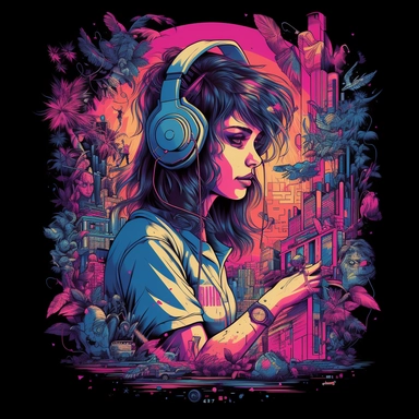 digital vaporwave gamer-girl women premium tshirt, in the style of dan mumford, 85 new wave, outrun, martin ansin, mixes realistic and fantastical elements, concert poster, realistic hyper-detail, cyberpop, cyber art, white background, no captions , neon art, bold outlines, clipart