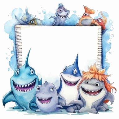a page border of goofy, super adorable, cute, watercolour sharks, holding a school book that says Monsters at Schoop Clipart on it, pencil and art things, fluffy, big eyed, vibrant, smiling, on a pure white background in PNG format