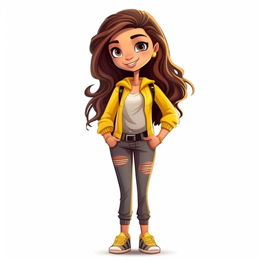 girl doll style smiling, thin black outline lines, arms crossed, yellow jeans, sneakers, long hair with light streaks tousled, cartoon clipart, cute eyes, illustration for kids, disney