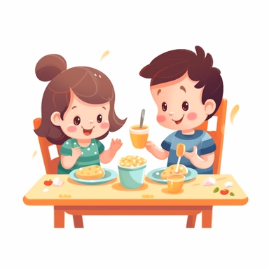 cute babies eating at the table together, mom and dad, summer time, no watermark, white background, clipart