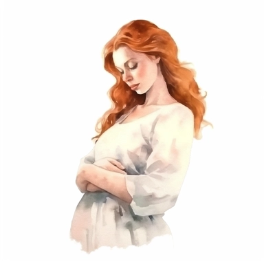 Watercolor drawing of a dreamy beautiful ginger pregnant woman, romantic watercolor clipart, white background, isolated on white, 8k, watercolor style