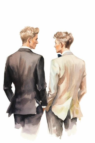 watercolor portrait illustration of groom with best man clipart, close up view of the back, in style of Michiel van Huysum, subtle faded color variations, hyper-detailed hd watercolor clipart, on white background, spaced out