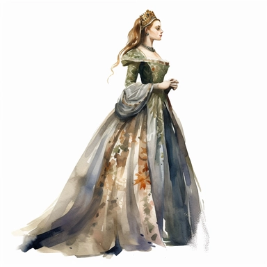 Imagine a watercolor clipart that depicts a young lady of high nobility from the medieval era. She stands in a somewhat side view, capturing her elegance and grace. Her attire is befitting her status, featuring a beautifully crafted gown with intricate details and luxurious fabrics. The watercolor technique brings a touch of whimsy and softness to the artwork. The brushstrokes dance across the paper, infusing the image with vibrant colors and delicate textures. Shades of blues, purples, and gold