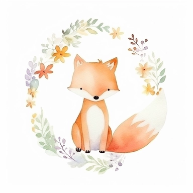 cute fox in a dainty minimalist floral wreath, watercolour, magical, kids art, clipart, isolated white background, 8k