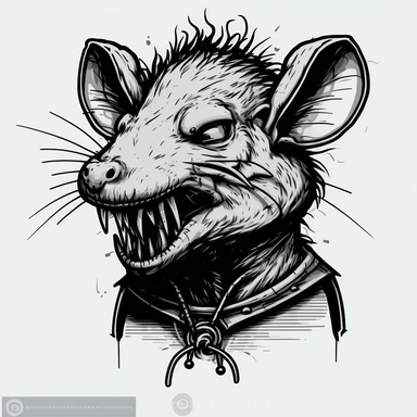 black or white clipart of an angry giant rat monster, thick lines, realistic