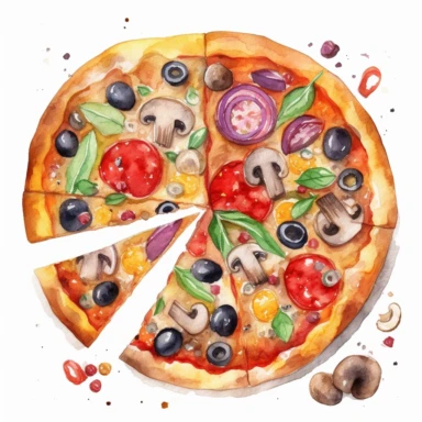Create a watercolor clipart of a delicious pizza, with toppings like mushrooms, peppers, and olives. Use pastel colors and make sure to capture the details of the crust and the toppings, white background