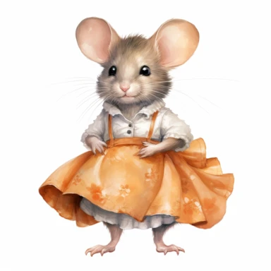 clipart vector image with plain white background of a watercolor painting of an orange mouse standing. Wearing a grey skirt. extremely detailed.