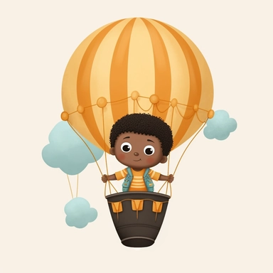 a little black baby boy in a hot air balloon, dark orange and cream colors, clipart illustration