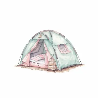 isolated on a white background, in a feminine style that is populair on Etsy, camping tent, high resolution, highly detailed, watercolor clipart illustration, soft pastel color theme, baby pink, light blue, lila and mint no shadow