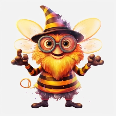 vector cute Bee character wearing wizard custom and wizard element with happy face ,front facing on isolated background,colorful color,with happy face and expression,Animal Sublimation Clipart,no splash watercolor,white background, ultra detailed clipart, cut out image, colorful watercolor realistic, cartoon style, ultra HD, sharp and clean art