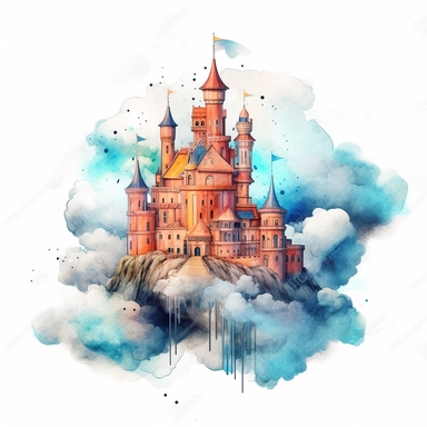 castle on clouds clipart, watercolor technique, 8k detailed digital art, bright, colorful, soft lightning, sharp clear focus, detailed, sharp, on a white background