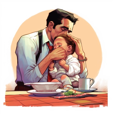fathers day, father huging, baby, on the dining table, clipart
