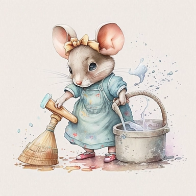 clipart watercolor realistic cute mouse dressed like a human is doing house chores