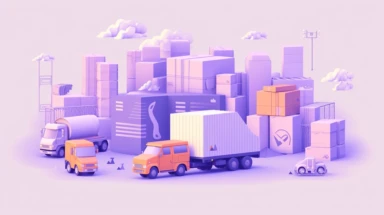a simple flat microsoft office clip art style illustration of a logistics company, trucks and packages, surrounded by documents on the background, light purple blue pastel color palette