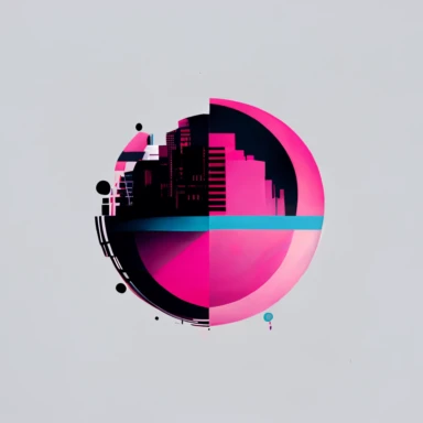 pink and blue and magenta globe, office buildings, clipart