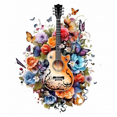 clipart de guitarra española con mariposas y flores, acuarela, 16k, hiper minimalista, megapixel, full color, super detailed,insanely detailed and intricate, ultra detallado
