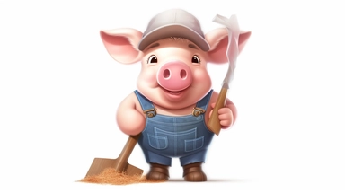 2d simple flat shaded, clipart, illustration of a cartoon pig, wearing a wide brimmed straw hat, wearing a farmers bib overalls, holding an extra large cartoon axe