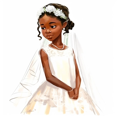 young african-american girl in first communion gown. cartoon art. vector. high contrast. clip art. fully length body portrait. white background. watercolor