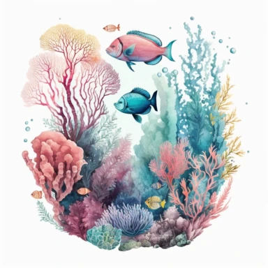 watercolor ocean coral reef with sea life and tropical fish clipart white backround