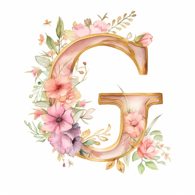 Clipart, Watercolor, Delicate, fine line, Gold Alphabet letter G with soft pink flowers, pastel colors, hand-draw, texture