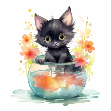 A heartwarming watercolor clipart illustration featuring a little bohemian black baby kitten with its hand playfully immersed in a fishbowl with a fish and a happy and adorable expression. The kitten is adorned with summer bohemian flowers, radiating with joy and playfulness. The white background provides a clean and versatile backdrop, making it easy to incorporate this clip art into various designs. The chibi clip art style adds a touch of cuteness and whimsy to the baby kitten, making it perf