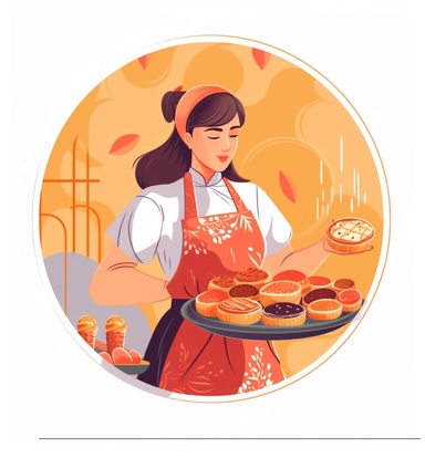 cooking teacher, pastry cook, cake decorating, ice cream, cakes, tarts flat vector & clipart, in the style of shilin huang, nostalgic imagery, light orange and gold, qiu shengxian, snapshot aesthetic, maranao art