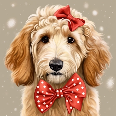 clipart of white furry golden doodle witb a big red bow with white poked dots in its head