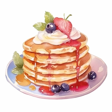 picturesque,bright luxury pancake on a cute pretty plate, 3-tier pancakes topped with Fresh cream and ice cream topping, icon clipart on white background, watercolor, detailing in pastel colors, high quality, painted by Beatrix Potter, 8k,