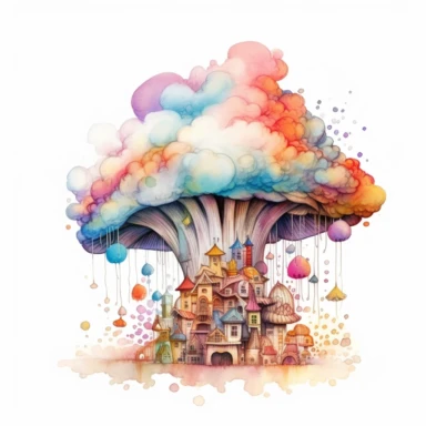 fantasy mushroom city in the clouds with a rainbow in the background. white background. clipart. watercolour.