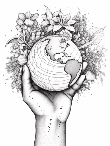 Coloring pages, linework, clip art, white background. In a circle, a Seedling growing, stars, planet earth, flowers, all being held within a pair of hands, five fingers per hand .