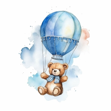 teddy bear blue hot air ballons watercolor clipart,hd,space out,-- 3:2--,--s,1000,--v 5