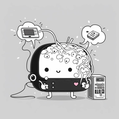 cute clipart of a kawaii brain doing housework. He has a computer brain, with electronic circuits, cards and buttons. Beautiful, flat, cute manga style, black and white