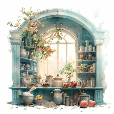 watercolor mixed media part of a royal kitchen with an open window inside a village house, on the windowsill there is an apple cake and a vase with apple blossoms and jars of apple jam, floral wallpaper around the window, with a cozy interior, masterpiece by Hans Zatzka and by Alexander Jansson and by Ryohei Hase, victorian Architecture, PNG clipart, isolated on white, extreme photorealistic details, 32k HD resolution, realistic high detailization high resolution