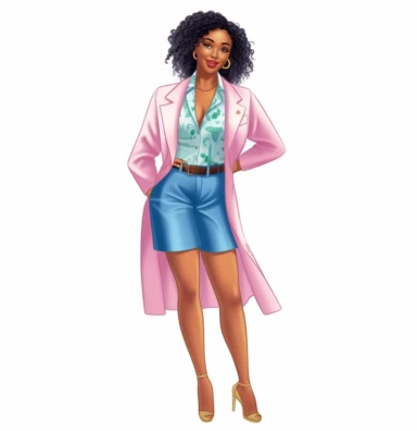 full body shot of smiling African American Black Girl Magic boss lady vector clipart vector illustration with transparent background, in the style of light indigo and light crimson, photo-realistic hyperbole, cluj school, transparent/translucent medium, detailed crowd scenes, light pink and light emerald, teal and white
