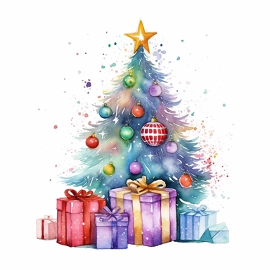 watercolor christmas tree with baubles and gifts, bright tree lights, vibrant colors, add glitter, clipart image, on a white background