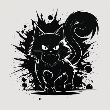，cartoon black cat funny cute funny cat vector clipart, in the style of monochromatic graphic design, gritty, urban street art, unique yokai illustrations, manticore, animated gifs, graffiti-inspired animals, bulbous