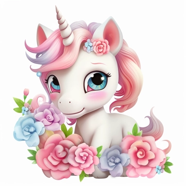 white background Clipart 3D cute painting of an adorable baby unicorn with big baby blue eyes shy little with roses pastel pinks roses and reds roses all around pastel colourful flowers vivid clear detailed roses pansies and lavender all around clipart detailed cartoon style cartoon of happy cute little tiger beautiful sparkling and pearls Clipart image shimmer and shells and starfish pastel flowers all around pastel light colors gorgeous hyper realistic big glass blue eyes for detail the hyper 