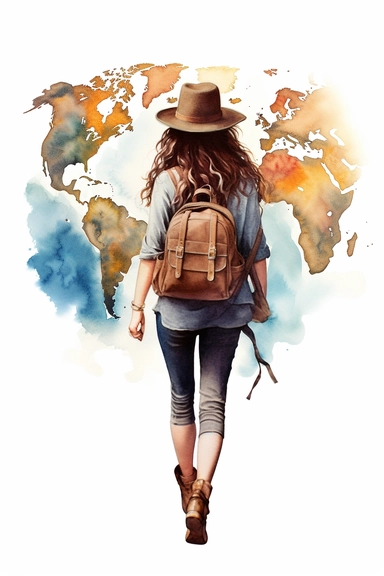 girl with a backpack walking towards the globe. Wearing a hat. Really curly dark hair. Skin is tan. Clipart soft colorful watercolors. Romantic illustration. Young and feminine touch