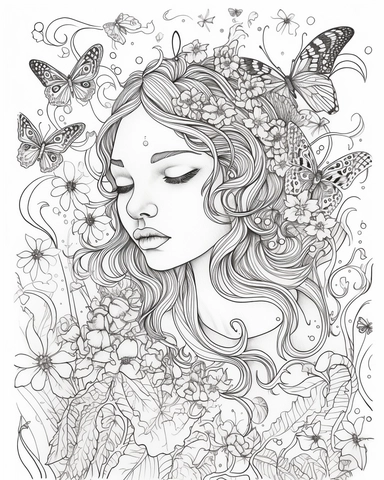 The coloring page features a girl surrounded by an array of psychedelic swirls and patterns, created using simple line art techniques. The girl is surrounded by a swarm of butterflies, adding an ethereal and dreamlike quality to the image. The design is filled with a variety of watercolor-related terminology, such as wash, blend, and color bleed, which give the image a sense of fluidity and movement. The colors used are bright and bold, with a range of pinks, purples, oranges, and yellows, that 