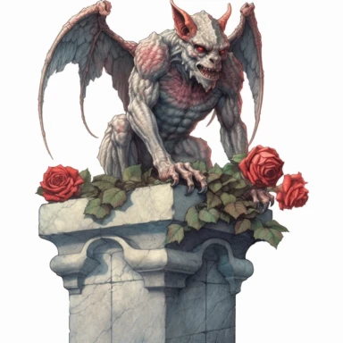 clipart, highly detailed ancient, stone gargoyle perched on a high ledge, red roses, watercolor, transparent background, white background